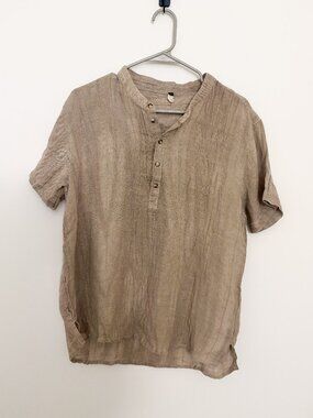 100% Linen Henley Shirt Medium Beige Short Sleeve Banded Collar Coastal
